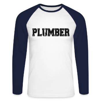 Plombier Plombier Plombier Vintage Plombier - T-shirt baseball manches longues Homme - blanc/marine - Devant - Nik (191cm)