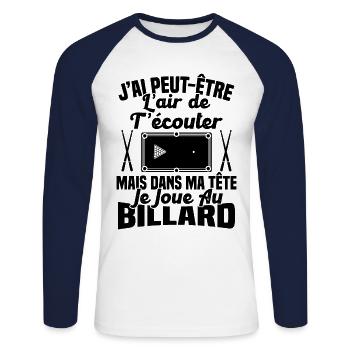 Dans ma tête je joue au billard Cadeau Humour - T-shirt baseball manches longues Homme - blanc/marine - Devant - Nik (191cm)