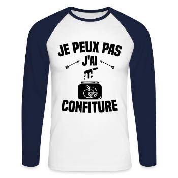 je peux pas j'ai confiture idée cadeau humour - T-shirt baseball manches longues Homme - blanc/marine - Devant - Nik (191cm)