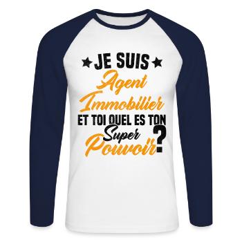 Super Agent Immobilier Humour Cadeau - T-shirt baseball manches longues Homme - blanc/marine - Devant - Nik (191cm)