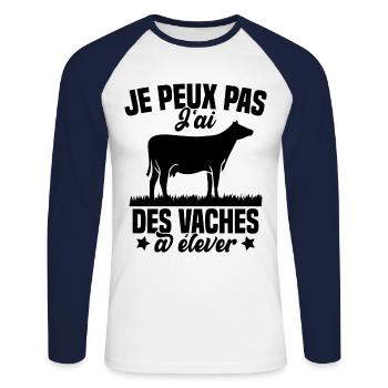 J'peux pas j'ai des vaches a élever humour Cadeau - T-shirt baseball manches longues Homme - blanc/marine - Devant - Nik (191cm)