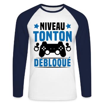 niveau tonton débloqué rétro oncle gamer geek - T-shirt baseball manches longues Homme - blanc/marine - Devant - Nik (191cm)