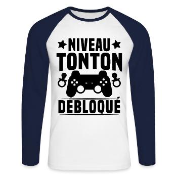 niveau tonton débloqué rétro oncle gamer geek - T-shirt baseball manches longues Homme - blanc/marine - Devant - Nik (191cm)