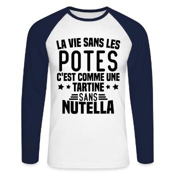 Tartine sans chocolat Humour Cadeau - T-shirt baseball manches longues Homme - blanc/marine - Devant - Nik (191cm)