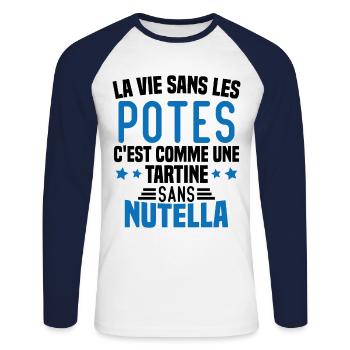 Tartine sans chocolat Humour Cadeau - T-shirt baseball manches longues Homme - blanc/marine - Devant - Nik (191cm)