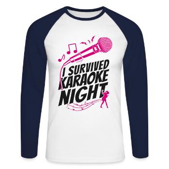 Chanteur de karaoké J’ai survécu au karaoké - T-shirt baseball manches longues Homme - blanc/marine - Devant - Nik (191cm)