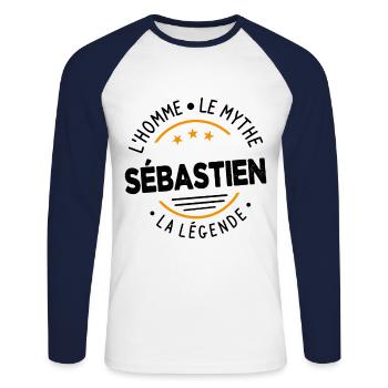 Sébastien L'Homme LeMythe La Légende Cadeau Humour - T-shirt baseball manches longues Homme - blanc/marine - Devant - Nik (191cm)