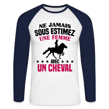 cadeau humour cheval / femme à cheval - T-shirt baseball manches longues Homme - blanc/marine - Devant - Nik (191cm)
