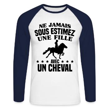 cadeau humour cheval / fille à cheval - T-shirt baseball manches longues Homme - blanc/marine - Devant - Nik (191cm)