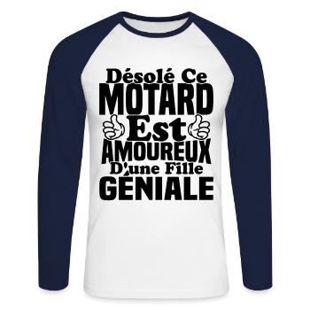 Motard est amoureux d'une fille géniale - T-shirt baseball manches longues Homme - blanc/marine - Devant - Nik (191cm)