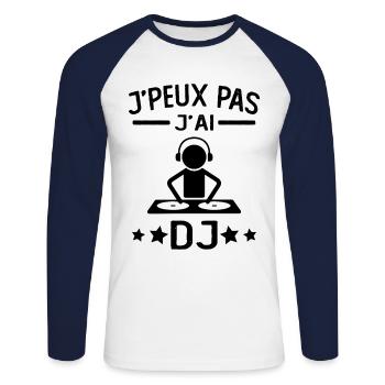JE PEUX PAS J'AI DJ cadeau humour mix - T-shirt baseball manches longues Homme - blanc/marine - Devant - Nik (191cm)