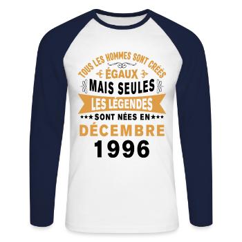Les légendes sont nées en Décembre 1996 Cadeau - T-shirt baseball manches longues Homme - blanc/marine - Devant - Nik (191cm)