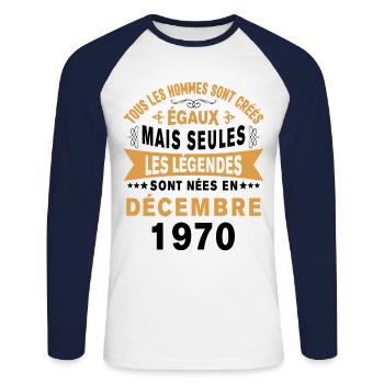 Les légendes sont nées en Décembre 1970 Cadeau - T-shirt baseball manches longues Homme - blanc/marine - Devant - Nik (191cm)