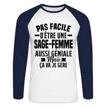 sage-femme et géniale mais ça va je gère - T-shirt baseball manches longues Homme - blanc/marine - Devant - Nik (191cm)