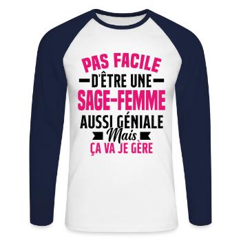 sage-femme et géniale mais ça va je gère - T-shirt baseball manches longues Homme - blanc/marine - Devant - Nik (191cm)