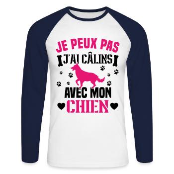 je peux pas j'ai câlins avec mon chien humour - T-shirt baseball manches longues Homme - blanc/marine - Devant - Nik (191cm)
