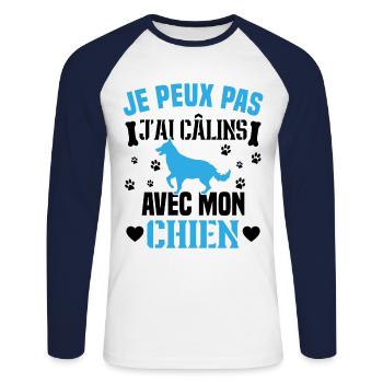 je peux pas j'ai câlins avec mon chien humour - T-shirt baseball manches longues Homme - blanc/marine - Devant - Nik (191cm)