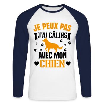 je peux pas j'ai câlins avec mon chien humour - T-shirt baseball manches longues Homme - blanc/marine - Devant - Nik (191cm)