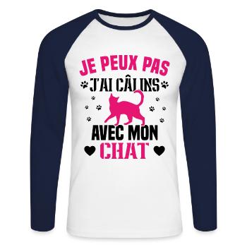 je peux pas j'ai câlins avec mon chat Cadeau - T-shirt baseball manches longues Homme - blanc/marine - Devant - Nik (191cm)