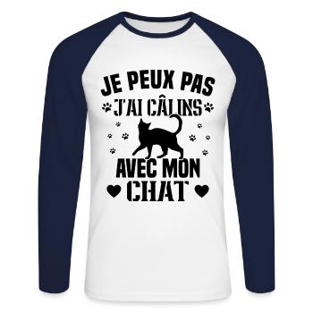 je peux pas j'ai câlins avec mon chat Cadeau - T-shirt baseball manches longues Homme - blanc/marine - Devant - Nik (191cm)