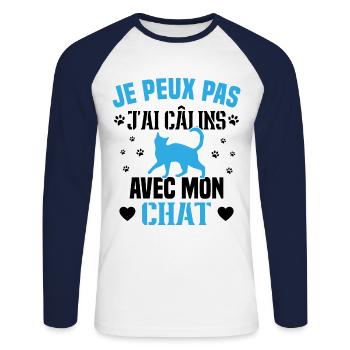 je peux pas j'ai câlins avec mon chat Cadeau - T-shirt baseball manches longues Homme - blanc/marine - Devant - Nik (191cm)