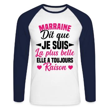 marraine dit que je suis la plus belle cadeau - T-shirt baseball manches longues Homme - blanc/marine - Devant - Nik (191cm)