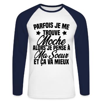 Parfois je me trouve moche alors je pense à sœur - T-shirt baseball manches longues Homme - blanc/marine - Devant - Nik (191cm)