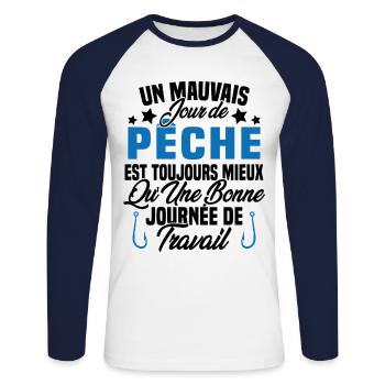 Un mauvais jour de Pêche est toujours mieux - T-shirt baseball manches longues Homme - blanc/marine - Devant - Nik (191cm)