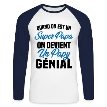 Quand On Est Super Papa On Devient Papy Génial - T-shirt baseball manches longues Homme - blanc/marine - Devant - Nik (191cm)