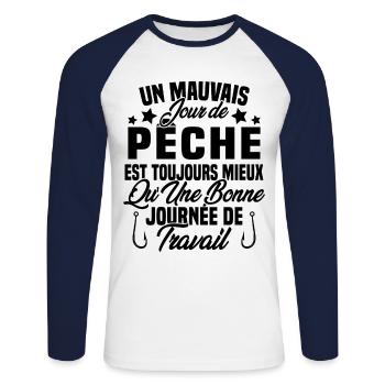 Un mauvais jour de Pêche est toujours mieux - T-shirt baseball manches longues Homme - blanc/marine - Devant - Nik (191cm)