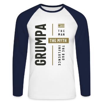 Grumpa Man Myth The Bad Influence - Dad Grandpa - Unisex Long Sleeve Baseball T-Shirt - white/navy - Front - Nik (191cm)