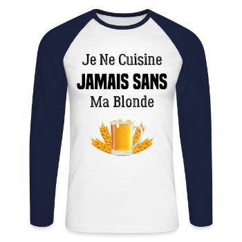 Je ne cuisine jamais sans ma blonde - T-shirt baseball manches longues Homme - blanc/marine - Devant - Nik (191cm)