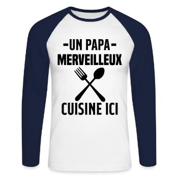 Un papa merveilleux cuisine ici - T-shirt baseball manches longues Homme - blanc/marine - Devant - Nik (191cm)