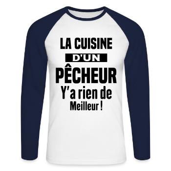 La cuisine d'un pêcheur Humour Cadeau pêche - T-shirt baseball manches longues Homme - blanc/marine - Devant - Nik (191cm)