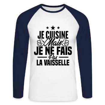 Je cuisine mais je ne fais pas la vaisselle humour - T-shirt baseball manches longues Homme - blanc/marine - Devant - Nik (191cm)