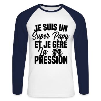 Super Papy Bière Humour Fete Des Grands Pères - T-shirt baseball manches longues Homme - blanc/marine - Devant - Nik (191cm)