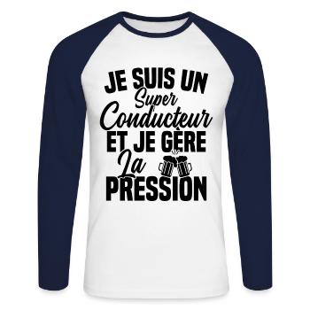 Super Conducteur Biere Humour Alcool - T-shirt baseball manches longues Homme - blanc/marine - Devant - Nik (191cm)