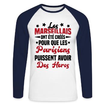 Les marseillais ont été créés pour les parisiens - T-shirt baseball manches longues Homme - blanc/marine - Devant - Nik (191cm)