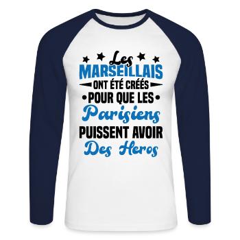 Les marseillais ont été créés pour les parisiens - T-shirt baseball manches longues Homme - blanc/marine - Devant - Nik (191cm)