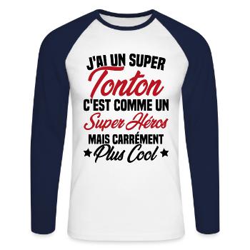 J'ai un super tonton mais carrément plus cool - T-shirt baseball manches longues Homme - blanc/marine - Devant - Nik (191cm)