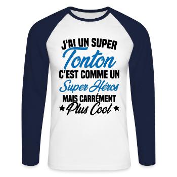 J'ai un super tonton mais carrément plus cool - T-shirt baseball manches longues Homme - blanc/marine - Devant - Nik (191cm)