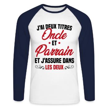 Oncle et Parrain Humour Cadeau - T-shirt baseball manches longues Homme - blanc/marine - Devant - Nik (191cm)