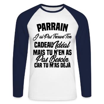 Parrain je n'ai trouvé ton cadeau idéal - T-shirt baseball manches longues Homme - blanc/marine - Devant - Nik (191cm)