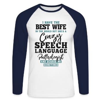 Assistant orthophoniste - T-shirt baseball manches longues Homme - blanc/marine - Devant - Nik (191cm)