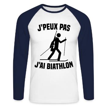 Je peux pas j'ai biathlon humour cadeau - T-shirt baseball manches longues Homme - blanc/marine - Devant - Nik (191cm)