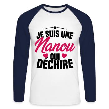 Je suis une Nanou qui Déchire Cadeau Anniversaire - T-shirt baseball manches longues Homme - blanc/marine - Devant - Nik (191cm)