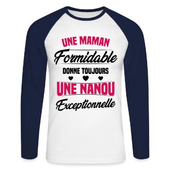 Une Maman Formidable donne Nanou Exceptionnelle - T-shirt baseball manches longues Homme - blanc/marine - Devant - Nik (191cm)