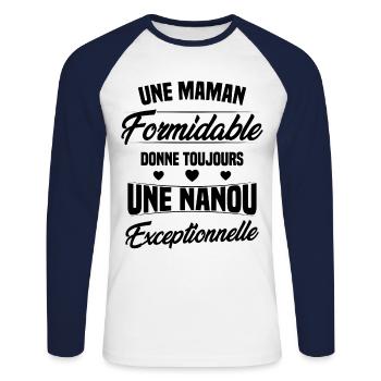 Une Maman Formidable donne Nanou Exceptionnelle - T-shirt baseball manches longues Homme - blanc/marine - Devant - Nik (191cm)