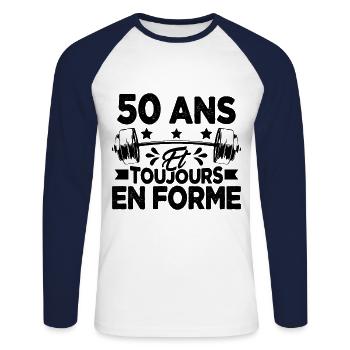 50 Ans et Toujours En Forme Gym Sport Muscu Cadeau - T-shirt baseball manches longues Homme - blanc/marine - Devant - Nik (191cm)