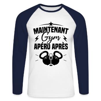 Maintenant Gym Apéro Après - T-shirt baseball manches longues Homme - blanc/marine - Devant - Nik (191cm)